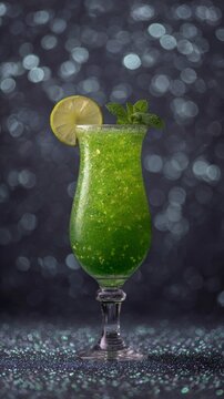Effervescent neon-green elixir with citrus zenith, celebrating Celtic Beltane festivities and mystical Peruvian Qoyllur Rit'i energy dance