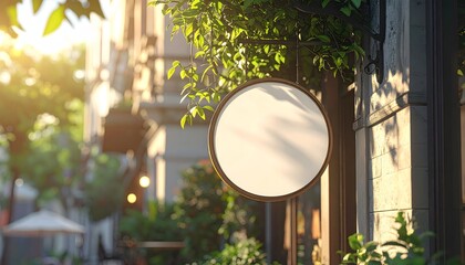 Outdoor circular blank sign mockup in front of a trendy cafe, surrounded by lush green foliage and bright morning sunlight in an urban setting