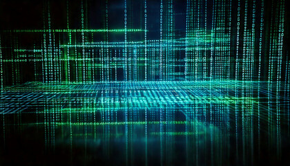 Abstract digital background with flowing green binary code.  Perfect for tech, data, AI, cybersecurity, and network concepts.  Ideal for websites, presentations, and digital art.