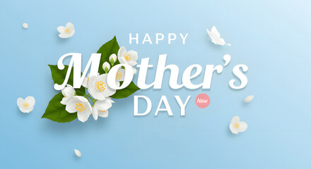 Beautiful happy mother's day greeting with delicate jasmine flowers and soft blue background