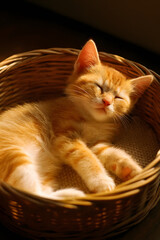 cat sleeping in a basket