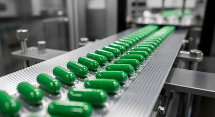 Obraz premium Green Capsules on Conveyor Belt in Pharmaceutical Manufacturing Facility