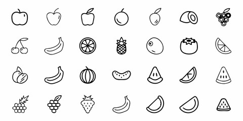 Vibrant collection of fresh fruit icons perfect for healthy eating, recipes, and culinary designs