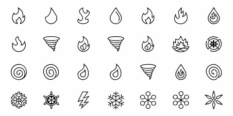 Dynamic collection of elemental icons featuring fire water air earth ice lightning and abstract symbols for diverse design needs