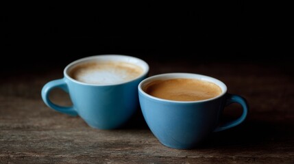 Two cerulean mugs cradle frothy cappuccinos, exuding hygge vibes, perfect for Random Acts of Kindness Day sips