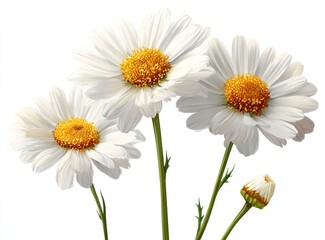 Three white daisies with yellow centers, close-up