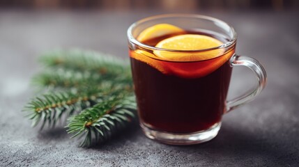 Steaming mulled wine with citrus slices beside fragrant fir, perfect for Yule celebrations and hygge-inspired winter gatherings