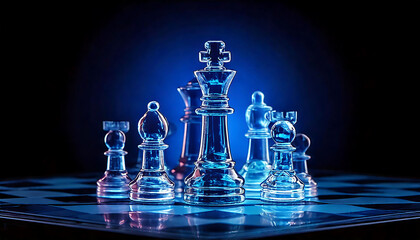 Dramatic close-up of glass chess pieces on a board, illuminated with cool blue light.  Perfect for concepts of strategy, leadership, competition, or game theory.