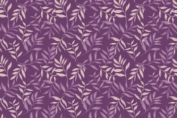 Elegant seamless vector pattern with hand drawn leafy branches in soft lilac and beige on a deep purple background. Template for fabrics, wallpapers, wrapping, and branding