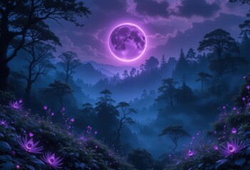 Fototapeta premium Mystic Lunar Cover Witness the magic as a purple moon hides the sun above a mystical forest, bathed in soft, ethereal light.