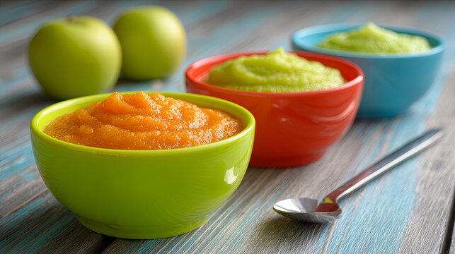 Vibrant ceramic bowls containing smooth fruit and vegetable purees resting on weathered wooden surface near crisp green apples, representing healthy infant nutrition - Powered by Adobe