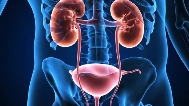 Anatomical illustration of the human renal system with a focus on kidney and bladder health and the function of the ureters in the urinary tract for urology and nephrology science