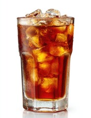 A tall glass of iced brown soda with ice cubes