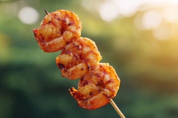 Juicy grilled shrimp skewer, vibrant summer solstice barbecue, tantalizing seafood delicacy, coastal flame-kissed picnics, midsummer culinary celebration