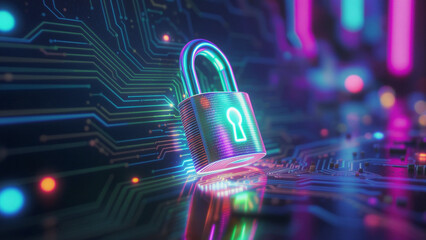 Digital lock trust zero concept with glowing padlock on circuit board symbolizing secure technology and data protection
