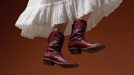 Floating crimson cowboy boots beneath a lace hem, capturing the whimsy of National Cowboy Poetry Gathering and Boot Appreciation Day
