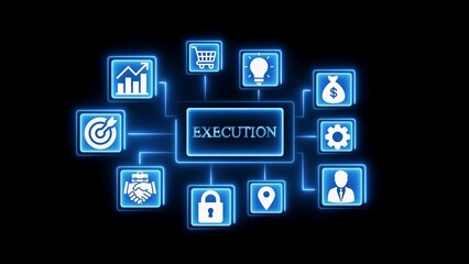 Business execution flowchart with glowing blue icons 1