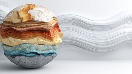 Earth's layered structure, a 3D model.  Layered globe, geological strata, detailed cross-section, earth science, abstract, modern, clean, white background, wavy design
