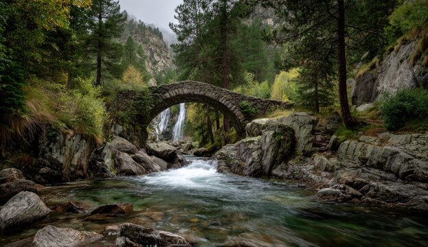 Stone arch bridge over a mountain stream, autumnal forest backdrop