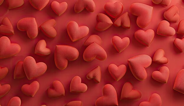 Red hearts scattered on a vibrant red background