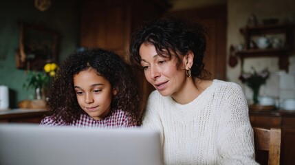 A curly-haired mother and daughter duo of mixed ethnicity, bonding over a digital screen, celebrate World Family Day