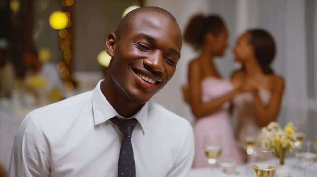 African male joyously celebrates Friendship Day amidst laughter, clinking glasses, and twilight ambiance of an elegant soiree