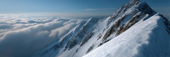 Jagged alpine peaks pierce ethereal cloud waves, invoking Perchtenlaufen's wintry mysteries and Mountaineer's Day reveries amongst ancient, snow-clad sentinels