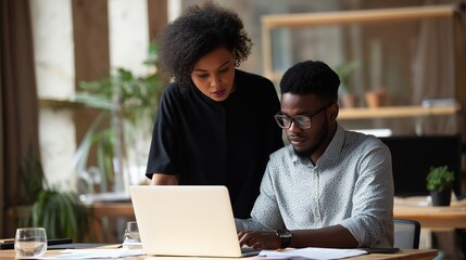 African American woman helping colleague with laptop in modern office, teamwork in natural light during business meeting with advertising documents