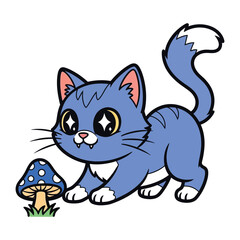 Whimsical Cat and Mushroom: A playful cartoon cat with vibrant blue fur and big, sparkling eyes encounters a magical mushroom in a colorful, imaginative scene.