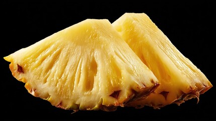 Two slices of fresh pineapple, vibrant yellow flesh,  exposed triangular sections,  against a black backdrop