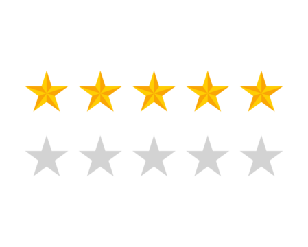 5 star rating row PNG with transparent background, customer review score icon for feedback, evaluation and satisfaction design