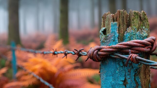 Rusty barbed wire wrapped around a weathered wooden post in a misty forest - Powered by Adobe
