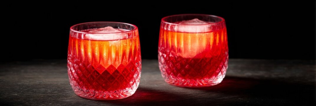 Rich crimson cocktails in faceted glasses evoke twilight celebration, hinting at secret soirees and World Cocktail Day adventures - Powered by Adobe