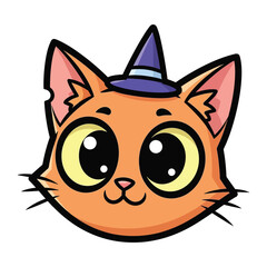 Whimsical Halloween Cat: A charming cartoon illustration of a cheerful, wide-eyed cat sporting a witch's hat. Perfect for adding a touch of playful spookiness to any project.