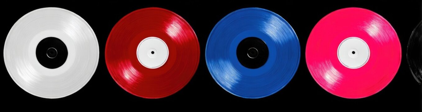 Four colorful vinyl records, set against a black background.  Each record has a white label with a black center.  The records are various bright colors white, red, blue, and hot pink