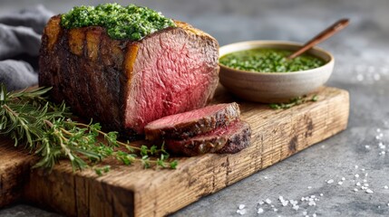 Succulent roast beef with verdant chimichurri evokes robust feast of Beltane and Argentine asado traditions on rustic wood