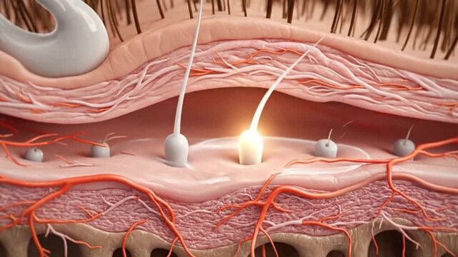 A 3d rendering showing a cross section of skin with a hair follicle being activated for hair growth regeneration and dermatological treatment solution concept