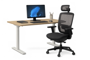 Modern standing desk and ergonomic office chair workstation
