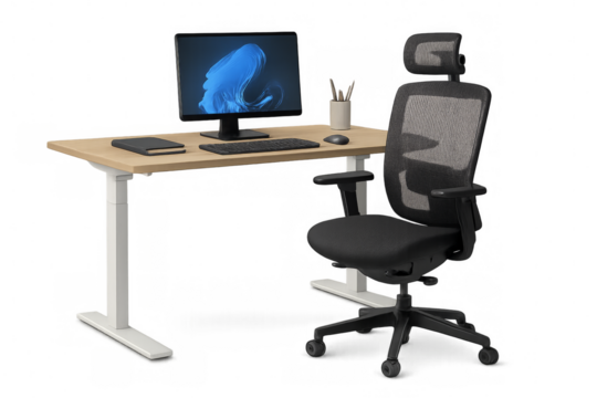 Modern standing desk and ergonomic office chair workstation