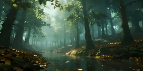 水辺のある緑豊かな森の神秘的な風景