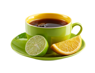 Aromatic tea in a green cup with lime and orange isolated on transparent background isolated on a transparent background