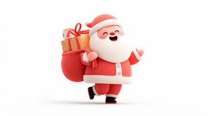 3dクレイで作られたサンタクロースが12月の冬のクリスマスにプレゼント袋を背負って走る笑顔のサンタの姿