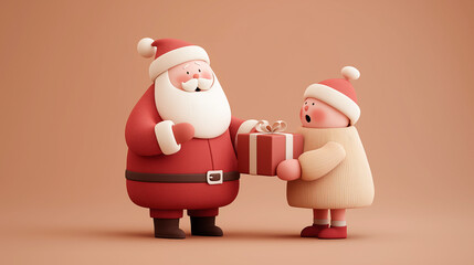 3dクレイで作られたサンタクロースが12月の冬のクリスマスにプレゼントを渡す笑顔のサンタの姿