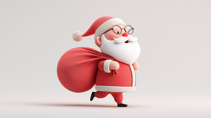 3dクレイで作られたサンタクロースが12月の冬のクリスマスにプレゼント袋を背負って走るサンタの姿