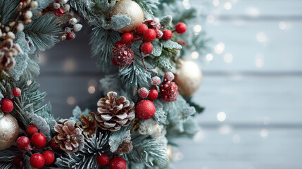 クリスマス写真におすすめ！モミの木とユーカリ、赤い実のおしゃれなクリスマスリースで冬の12月を彩る背景