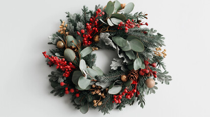 クリスマス写真におすすめ！モミの木とユーカリ、赤い実のおしゃれなクリスマスリースで冬の12月を彩る背景