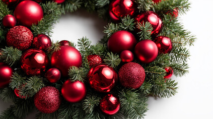 クリスマス写真におすすめ！モミの木とユーカリ、赤い実のおしゃれなクリスマスリースで冬の12月を彩る背景_赤オーナメント