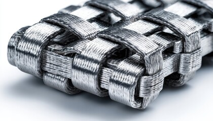 Close-up of a metallic woven band, showing intricate interlacing of silvery, slightly worn straps with dark grey accents.  The texture is prominent