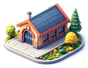 Cute, stylized isometric train station