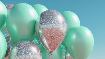 A cluster of pastel mint green and shimmering silver balloons against a clear blue sky